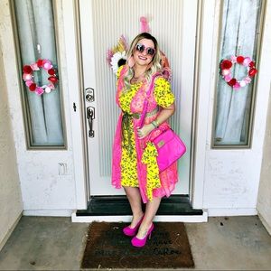 ✨NEON yellow & pink floral dress with POCKETS & SASH!! 👗 LuLaRoe Marly dress